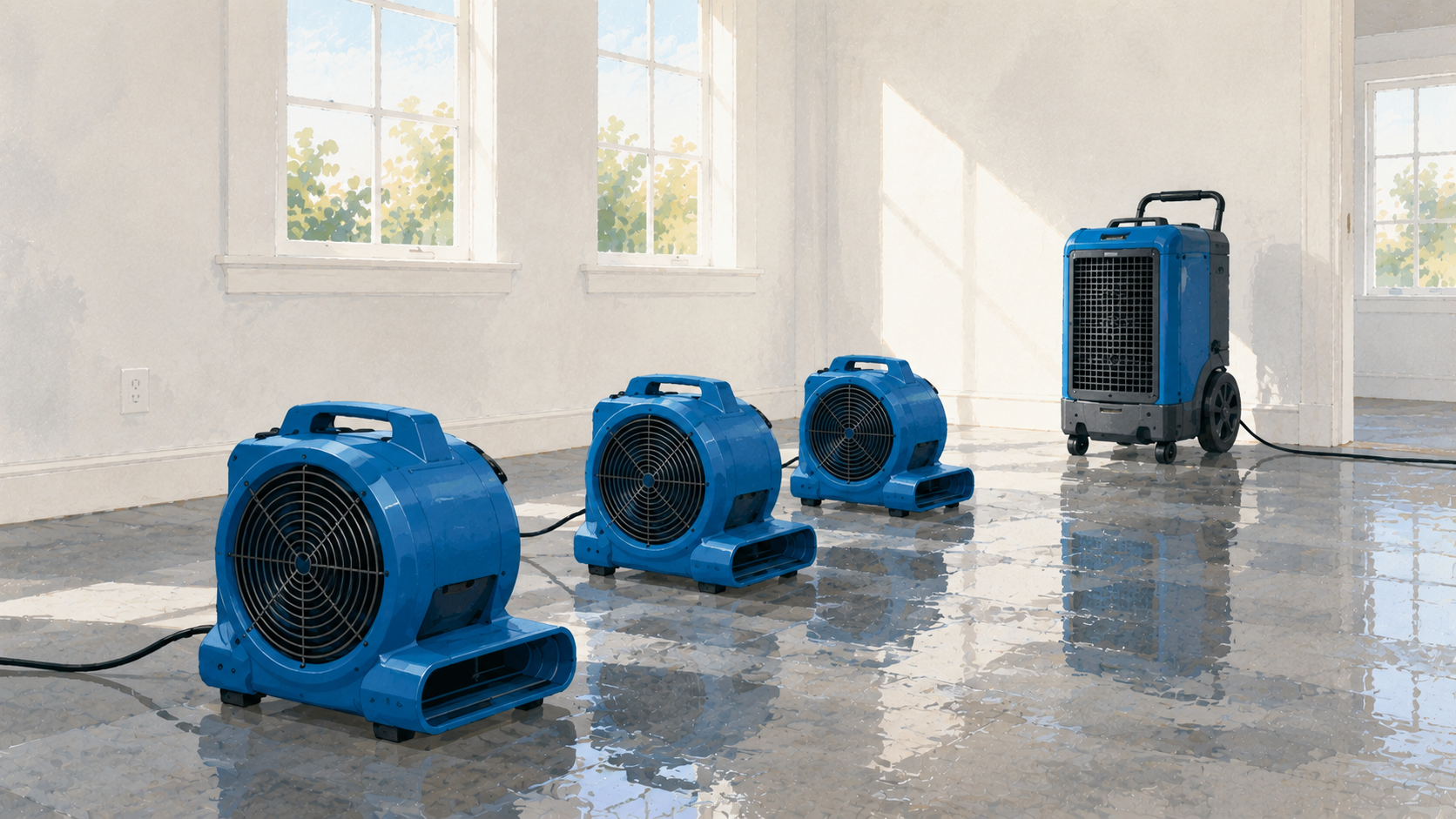 professional drying fans and a dehumidifier drying a room