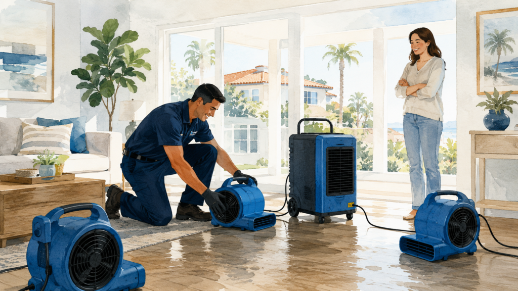 Restoration technician setting up drying equipment in a bright Sacramento home