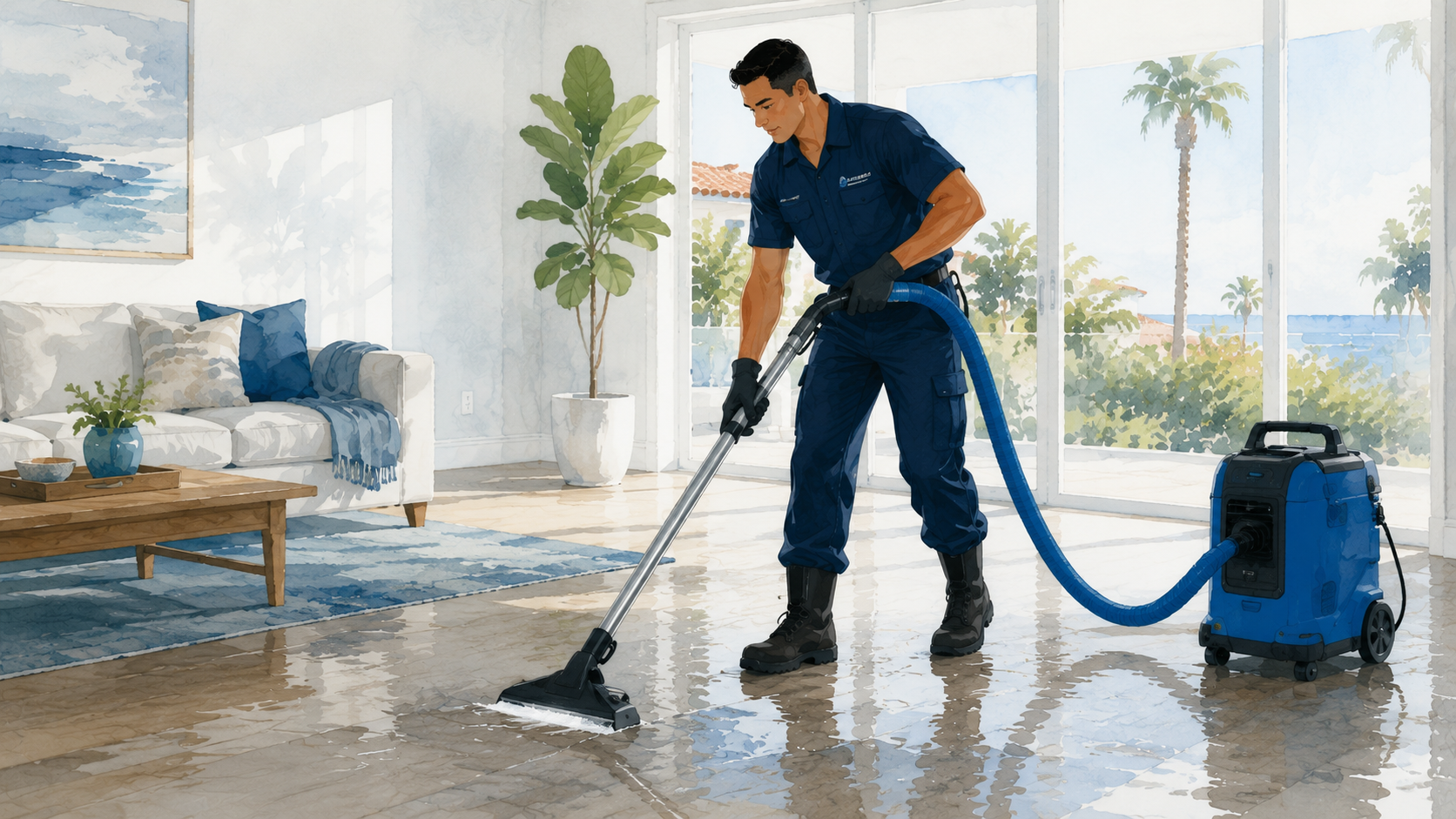 Restoration technician extracting water from a home floor