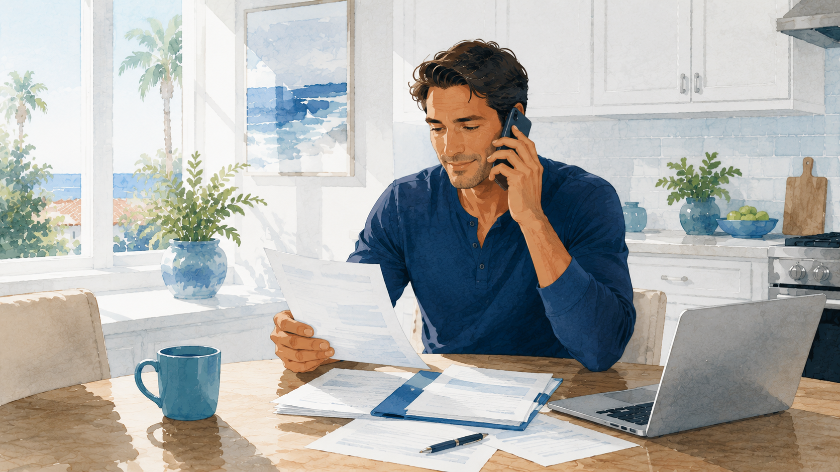 Homeowner reviewing insurance paperwork and calling their insurer