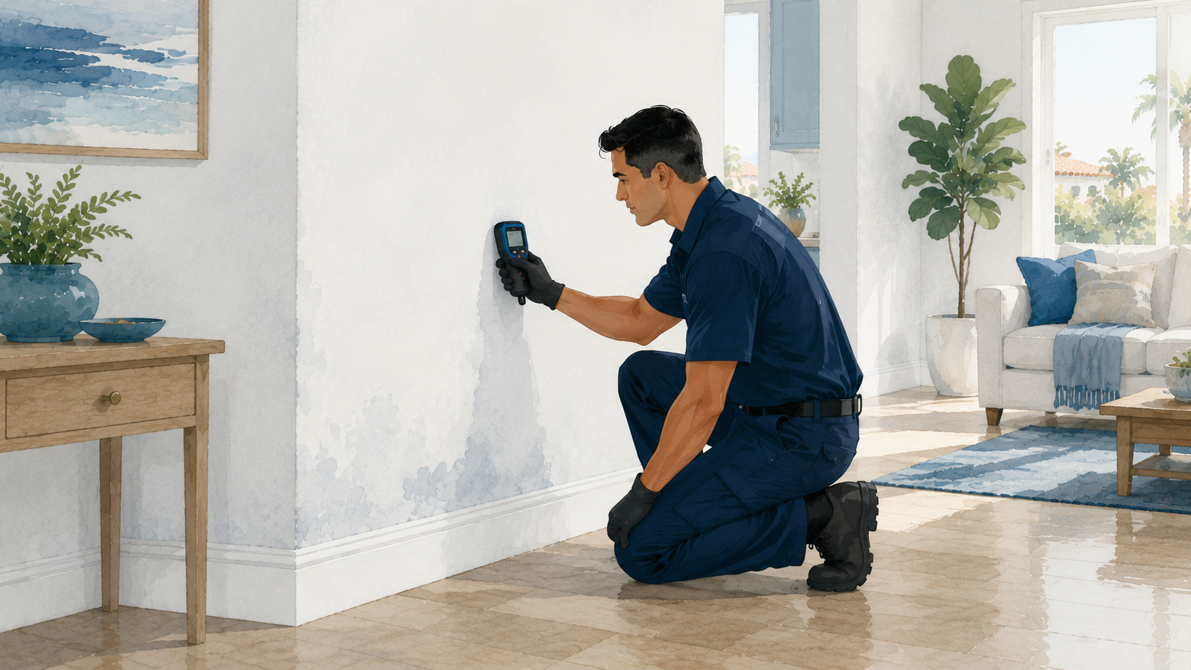 Technician checking a wall with a moisture meter