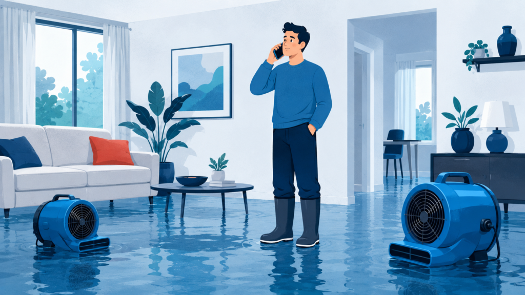 Homeowner calmly getting help in a lightly flooded living room