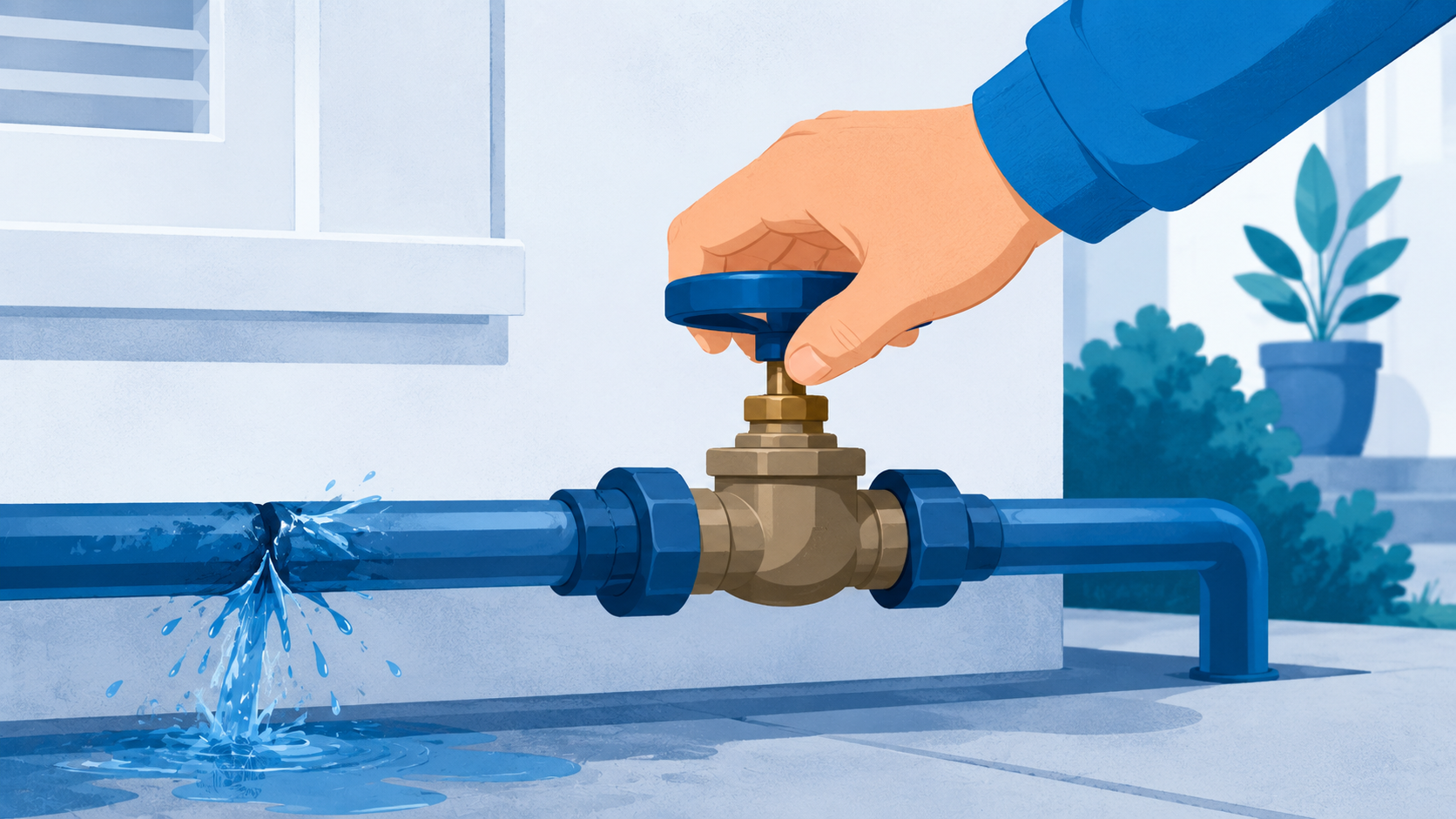 Turning a home water main shutoff valve to stop a leak