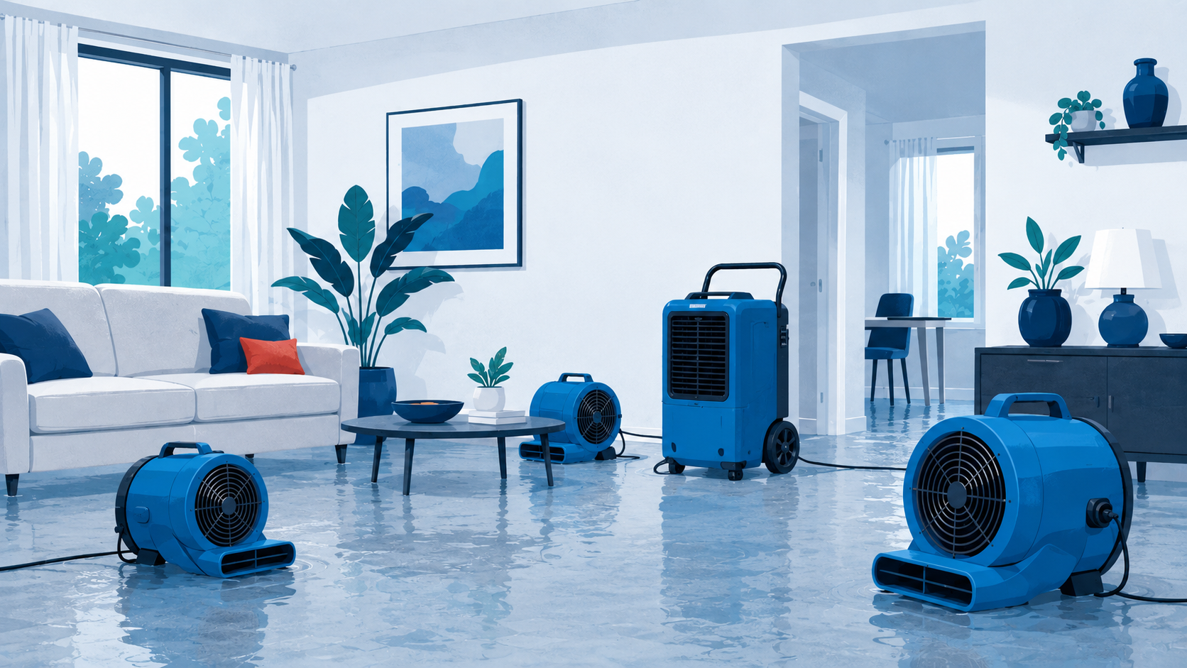 Air movers and a dehumidifier drying a room after water damage
