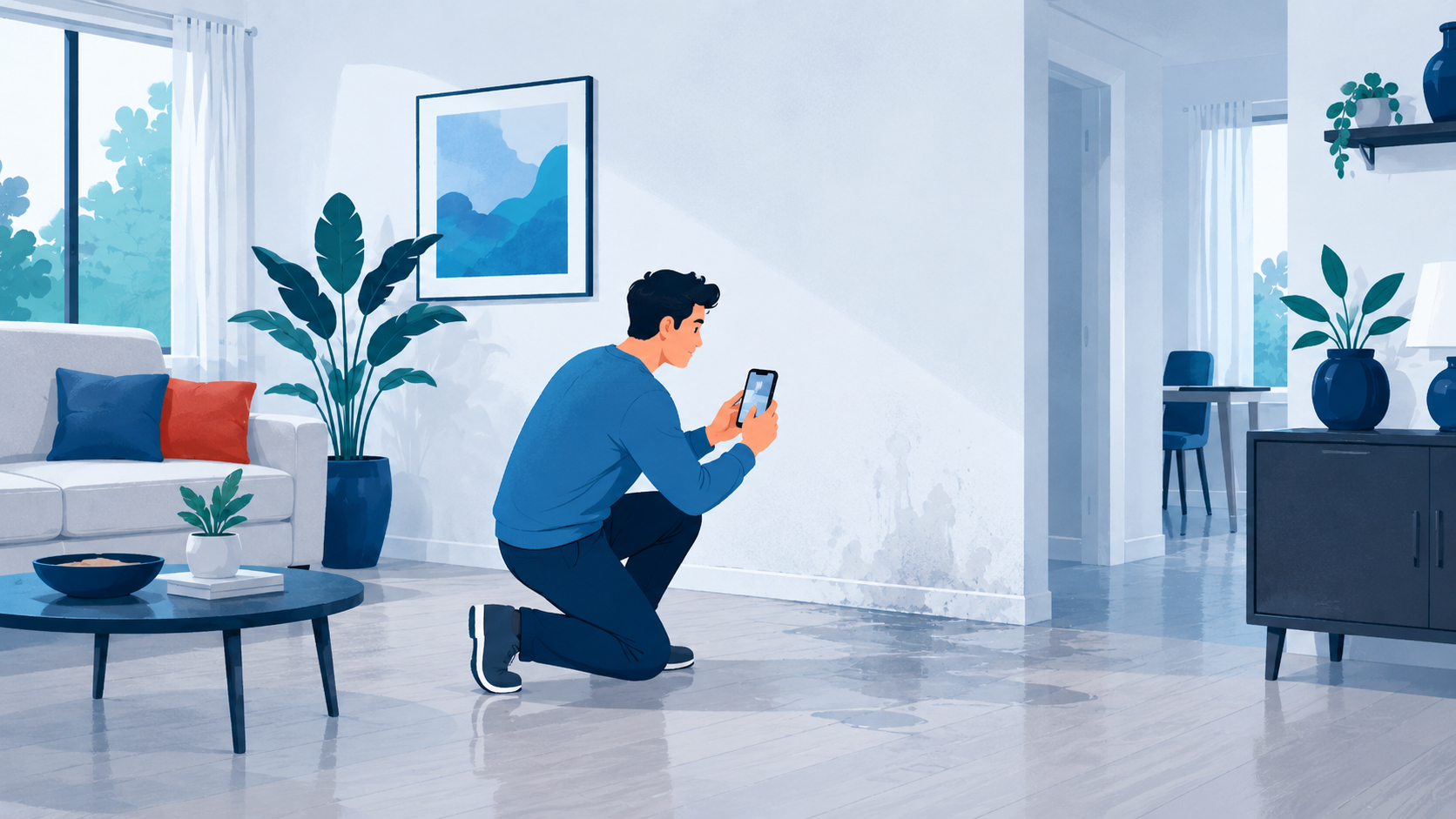 Homeowner photographing water damage to document it for an insurance claim