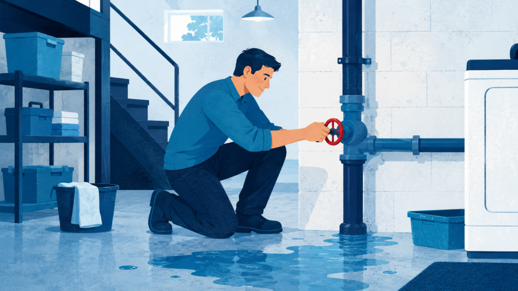 Homeowner turning off the main water shutoff valve after a burst pipe
