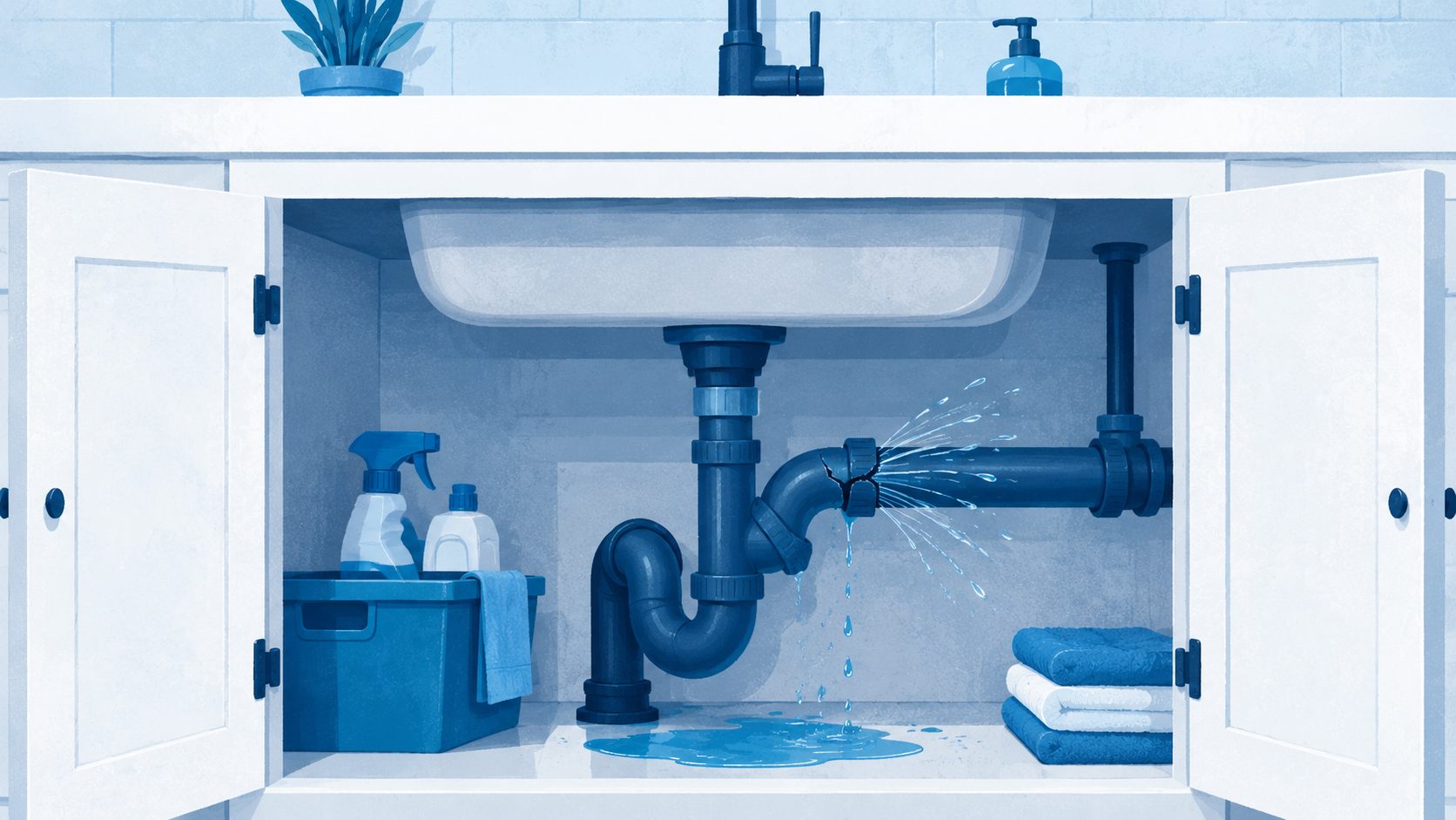 A burst water pipe spraying from a cracked joint under a sink