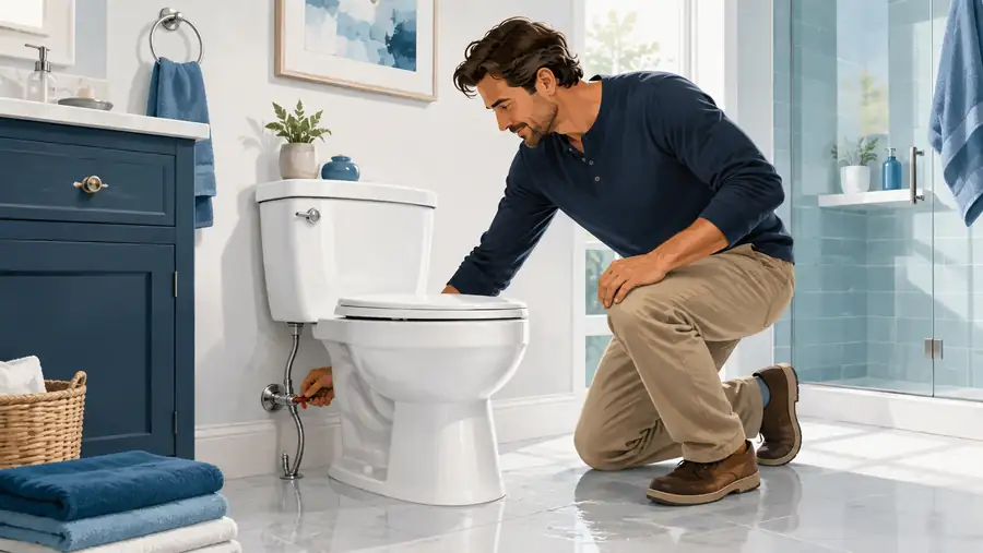 Homeowner turning the shutoff valve behind a toilet on a wet bathroom floor