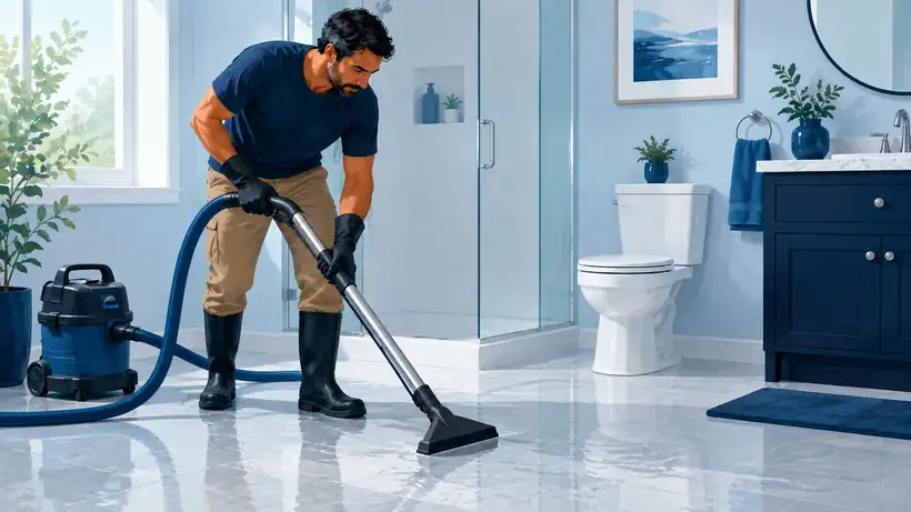 Technician pulling standing water off a bathroom floor with a wet vacuum wand