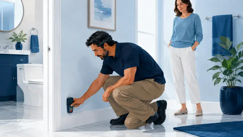 Technician checking the wall base with a handheld moisture meter