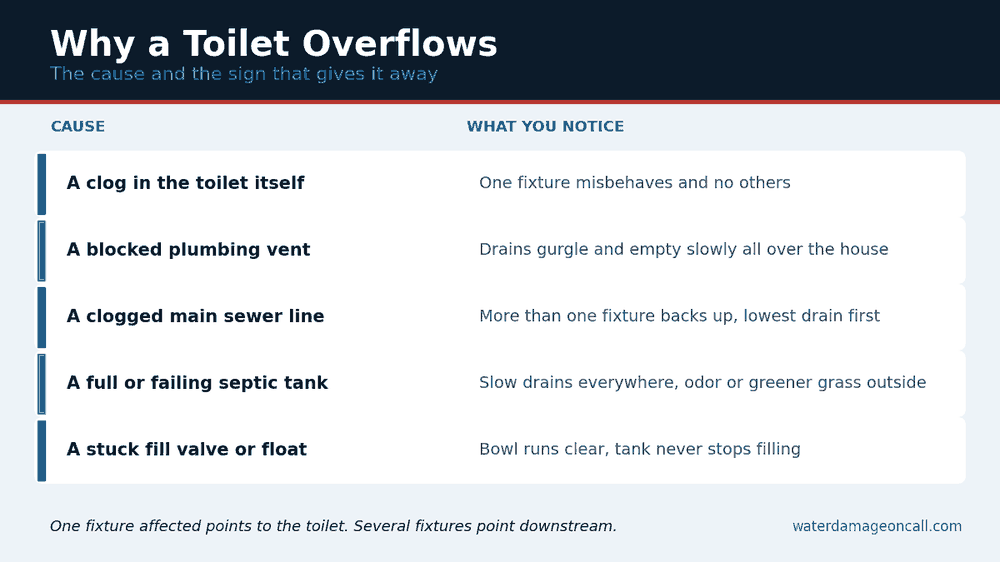 Chart of five causes of a toilet overflow and the sign for each