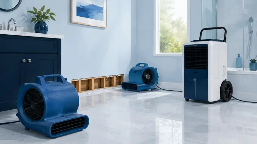 Blue air movers and a dehumidifier drying a bathroom floor