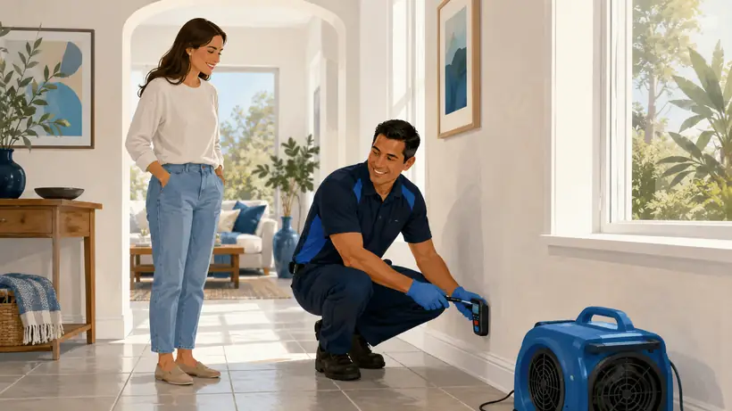 Technician checking a wall with a moisture meter as a homeowner watches