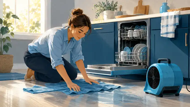 Homeowner laying towels over water on a kitchen floor beside an open dishwasher