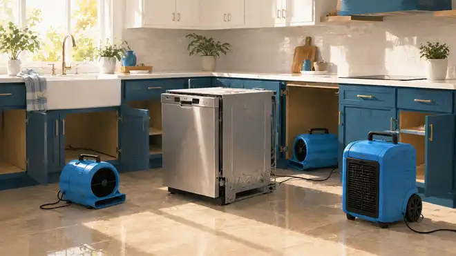 Air movers and a dehumidifier drying a kitchen with the dishwasher pulled out