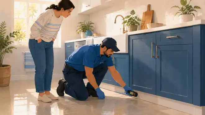 Technician checking a kitchen cabinet base with a moisture meter