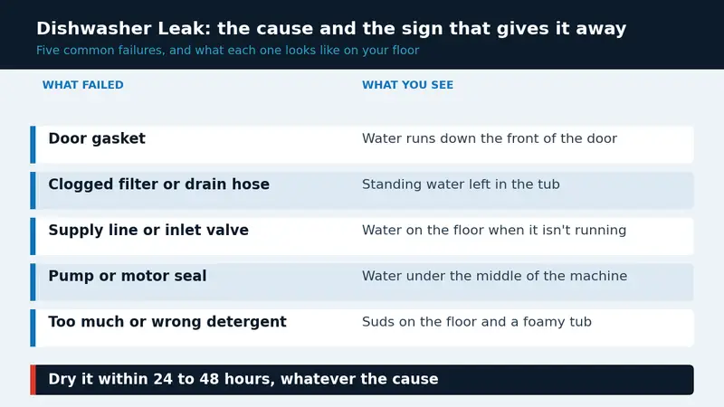 Chart of dishwasher leak causes and the sign that gives each one away