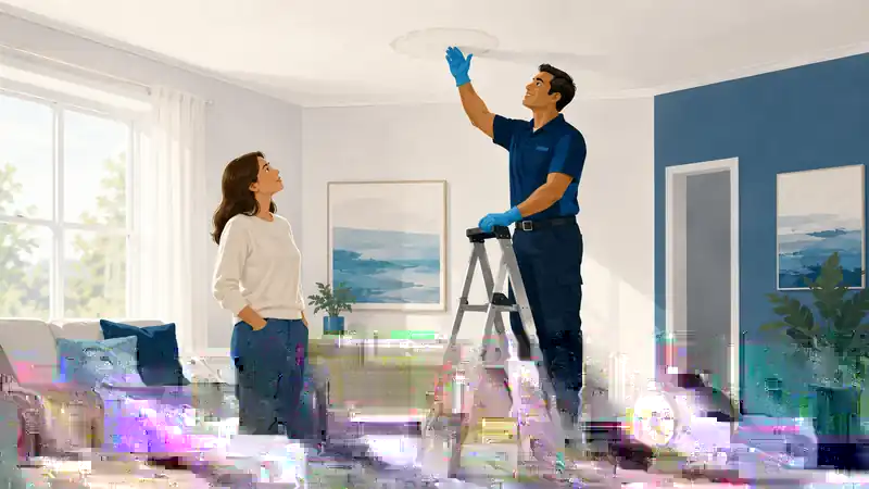 Homeowner and technician looking at a water mark on a living room ceiling