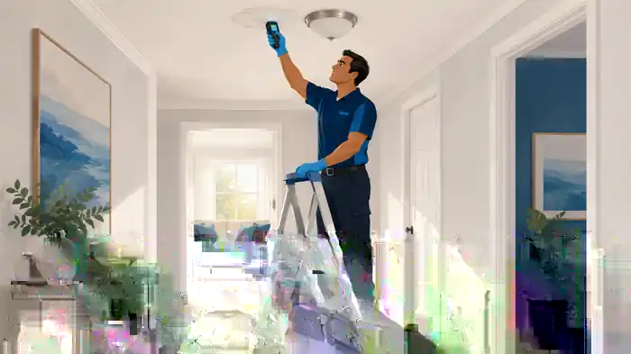 Technician checking a ceiling with a handheld moisture meter