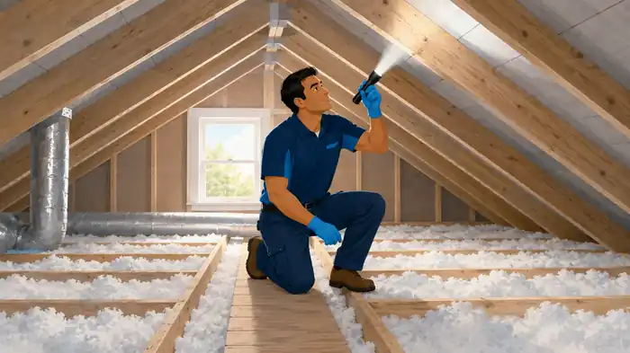 Technician inspecting attic insulation and rafters with a flashlight