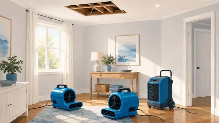 Blue air movers and a dehumidifier drying a bright room