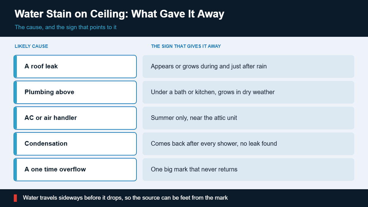 Chart matching each cause of a ceiling water stain to its telltale sign