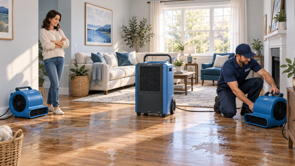 Air movers and a dehumidifier drying a living room floor