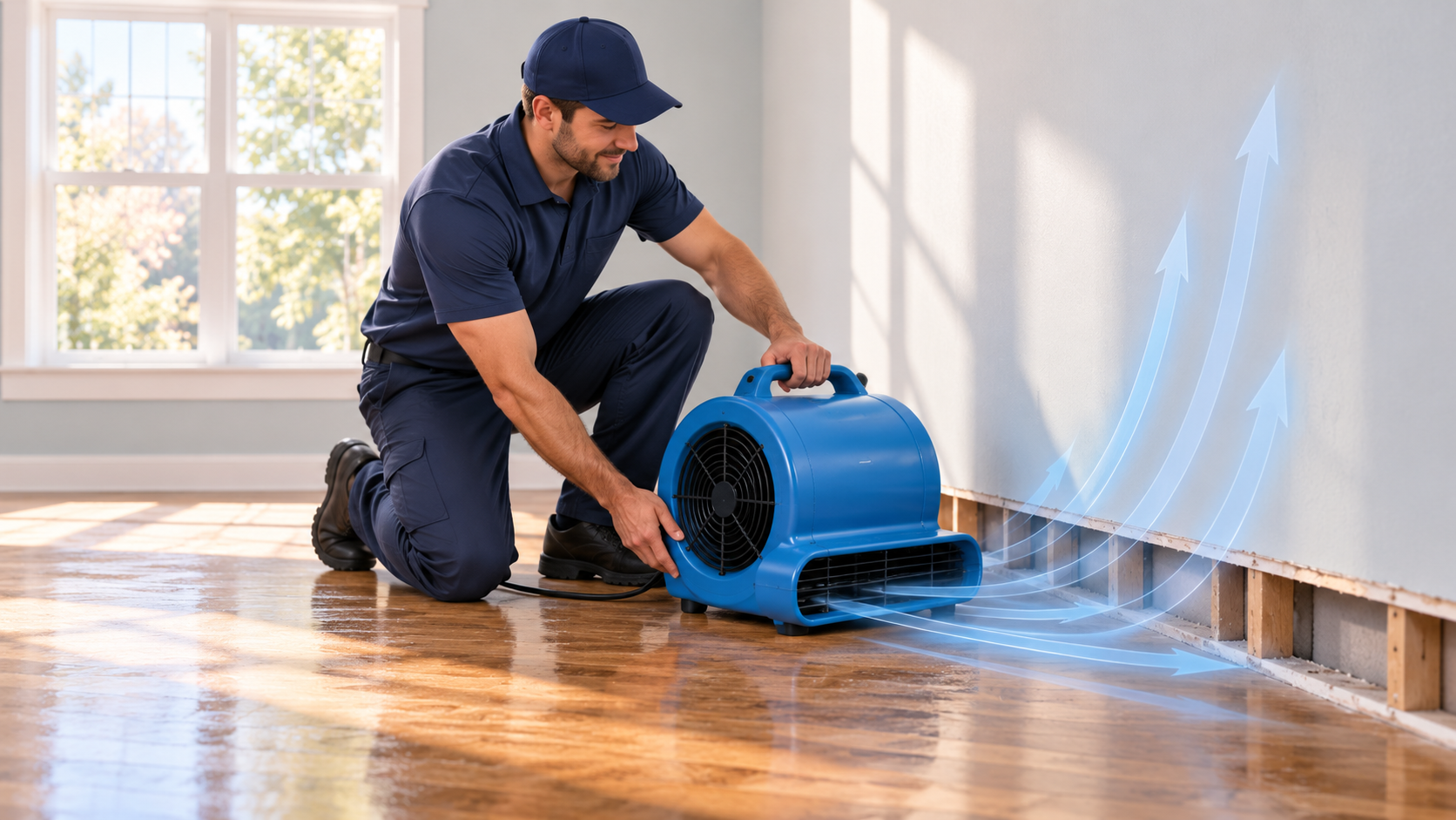 Technician setting an air mover along a wall with the baseboard removed