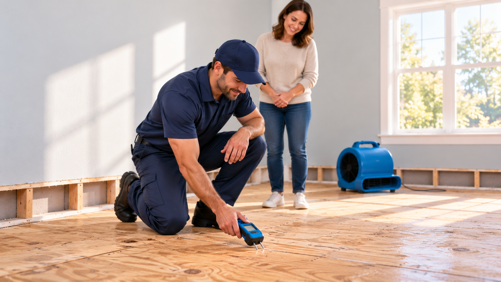 Technician checking a plywood subfloor with a handheld moisture meter
