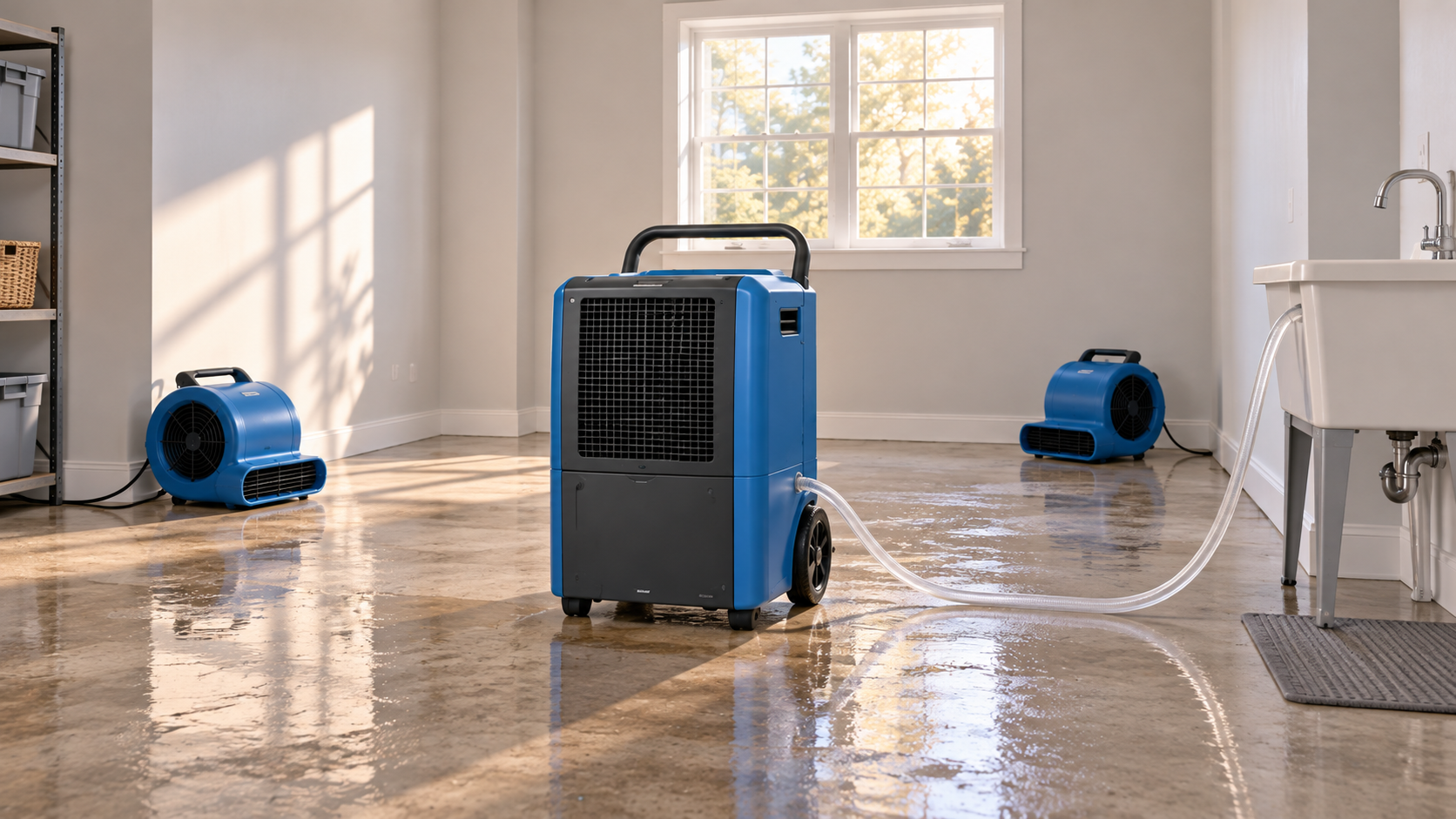Dehumidifier draining to a sink while air movers run in a room